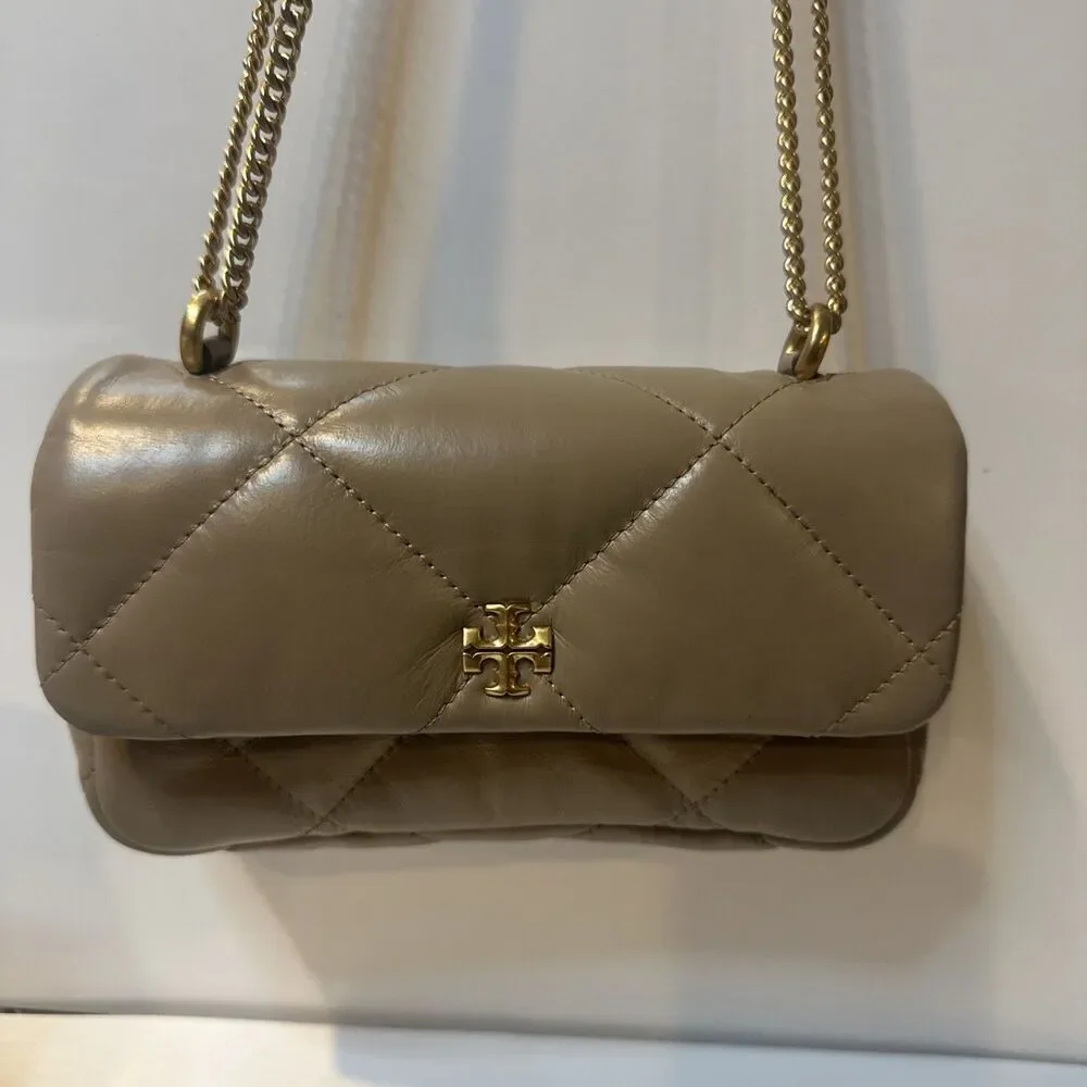 Tory Burch Small Kira Diamond Quilted Convertible Leather Shoulder Bag Taupe Oak